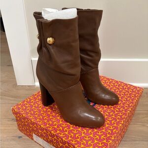 Tory Burch Brown Heeled Ankle Boots with Gold Accent